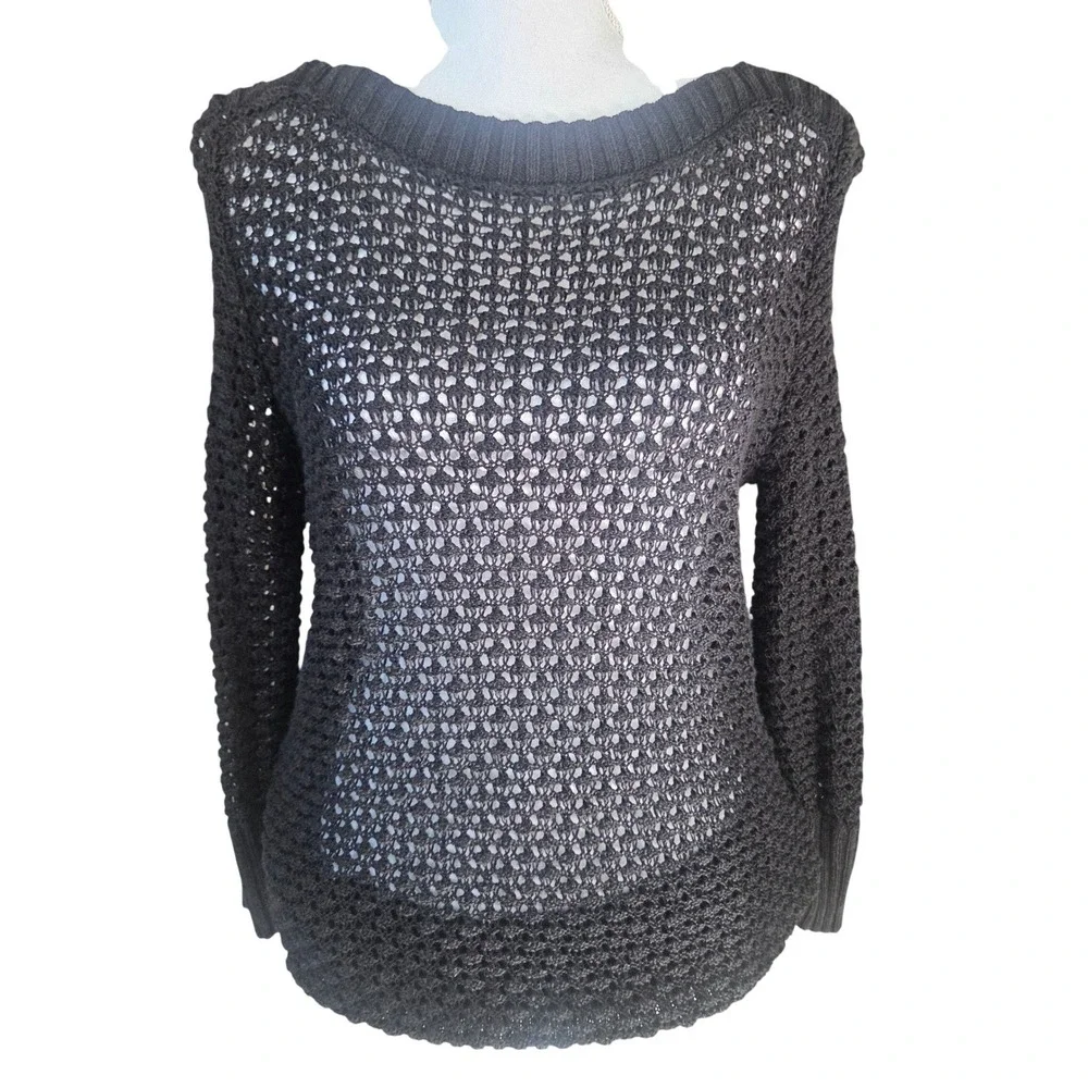 Calvin Klein Black Open Knit Linen Blend Sweater Boat Neck Medium Whimsigoth